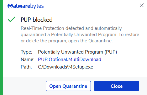 Malwarebytes blocks PUP.Optional.MultiDownload