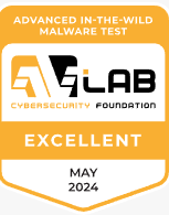 AVLab ha assegnato a Malwarebytes una valutazione Eccellente per maggio 2024. Distintivo di riconoscimento giallo, bianco e nero.