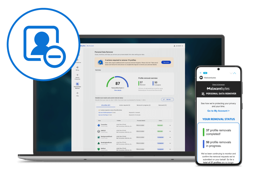 Ícone branco e azul do Malwarebytes Personal Data Remover ao lado de um laptop e de um smartphone que estão exibindo o painel e os alertas do Personal Data Remover