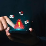 A person is holding a phone that is emitting many warning notifications, including an exclamation mark.